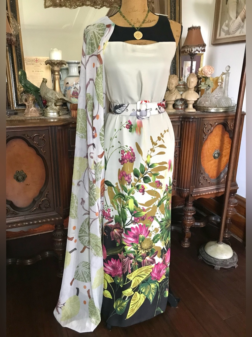 Vintage Boho Romantic Classic Tropical Floral Dress, Shawl and Belt Set